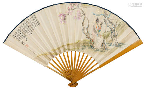 1896年作 钱慧安(1833-1911) 锦衣桃花 设色纸本 成扇