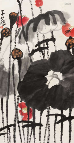 崔子范(1915-2011) 荷塘小景 设色纸本 立轴