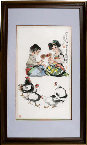 1980年作 程十发(1921-2007) 少女饲鸡 设色纸本 镜心