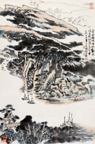 1979年作 陆俨少(1909-1993) 云树映帆 设色纸本 立轴