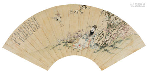 吴嘉猷(?-1894) 听琴观鹤 设色纸本 扇面镜心