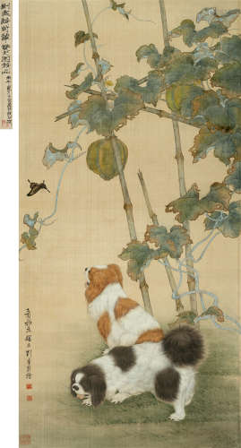 1945年作 刘奎龄(1885-1967) 双犬图 设色绢本 立轴