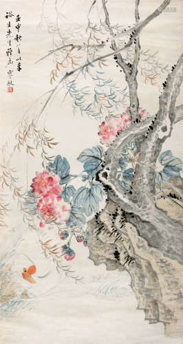 1932年作 江寒汀(1877-1946) 碧桃白鹅 设色纸本 镜心