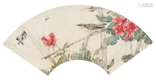 1936年作 刘奎龄(1885-1967) 鸟倦鸣香 设色纸本 扇面镜心