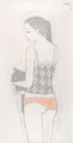 黄丹(b.1979) 抱猫女孩 设色纸本 镜心