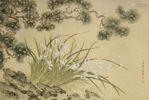 屈兆麟(1866-1937) 松石兰花 设色绢本 立轴