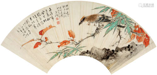 1944年作 王雪涛(1903-1982) 幽鸟啼秋 设色纸本 扇面镜心