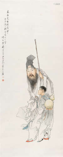 1903年作 钱慧安(1833-1911) 杖履图 设色纸本 立轴