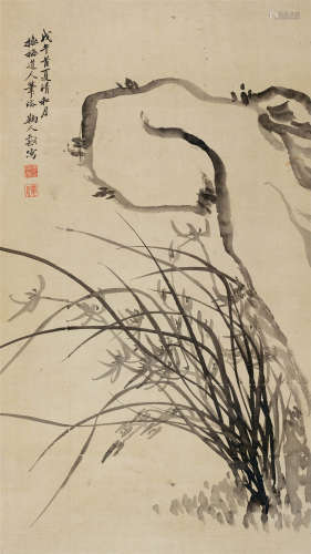 1918年作 徐世昌(1855-1939) 兰石图 水墨绢本 立轴
