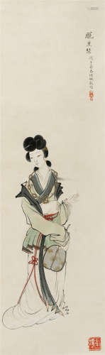 1948年作 庞熏琴(1906-1995) 执扇仕女 设色纸本 立轴