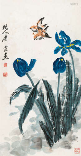 唐云(1910-1993) 双雀郁金香 设色纸本 立轴