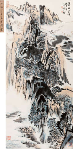 1980年作 陆俨少(1909-1993) 崇岩云树 设色纸本 立轴