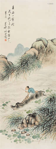 1918年作 倪田(1855-1919) 牧牛图 设色纸本 立轴
