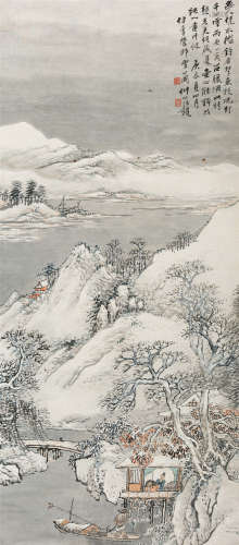 1940年作 汪琨(1877-1946) 寒山雪霁 设色纸本 立轴