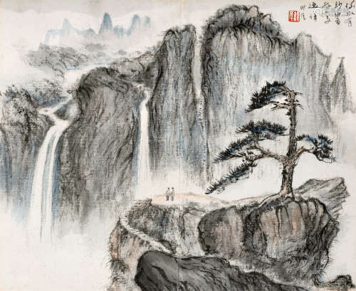 钱痩铁(1897-1967) 观瀑图 设色纸本 立轴