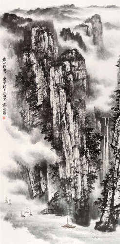 1980年作 郭传璋(1912-1990) 黄山松云 设色纸本 立轴