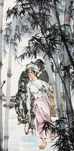 黄胄(1925-1997) 竹林放牛 设色纸本 立轴