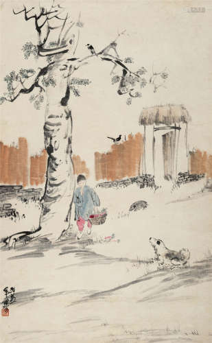 1936年作 赵望云(1906-1977) 山村小景 设色纸本 立轴
