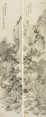 张熊(1803-1886）、计光炘(1803-1860) 传画楼读书图二帧 水墨纸本 ...