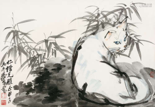 1984年作 黄胄(1925-1997) 竹石猫趣 设色纸本 镜心