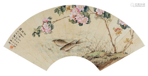1951年作 吴青霞(1910-2008) 桃花双鱼 设色纸本 扇面镜心