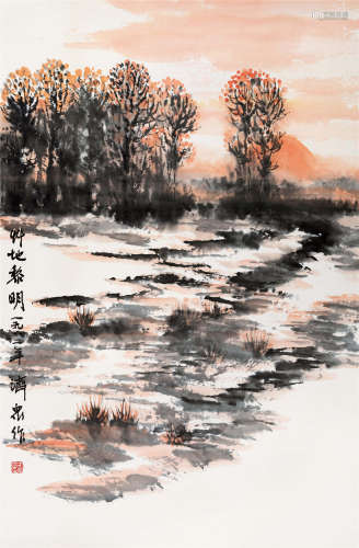 1982年作 方济众(1923-1987) 草地黎明 设色纸本 镜心