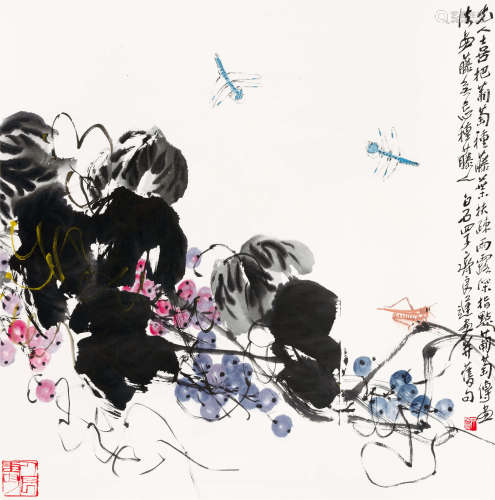 齐良迟(1921-2003) 葡萄草虫 设色纸本 立轴