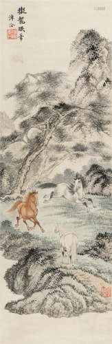 溥佺(1913-1991) 松溪三骏 设色纸本 立轴