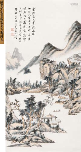 1932年作 王同愈(1856-1941) 松溪山居图 设色纸本 立轴