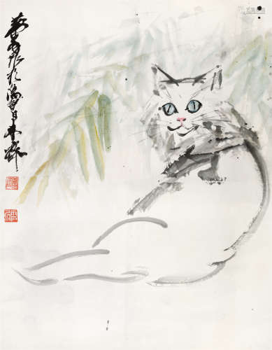 黄胄(1925-1997) 白猫图 设色纸本 立轴