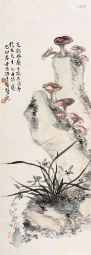 1915年作 汪吉麟(1871-1960) 灵芝献寿 设色纸本 立轴