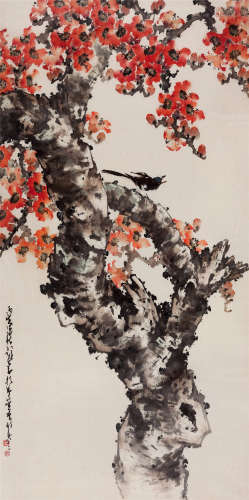 1986年作 赵少昂(1905-1998) 红棉喜鹊  设色纸本 镜心