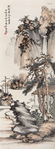 1957年作 冯康侯(1901-1983) 松堂读书  设色纸本 立轴