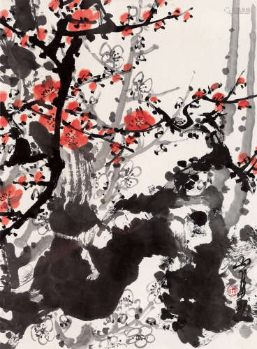 关山月(1912-2000) 红梅图  设色纸本 镜心