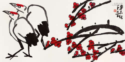 1991年作 崔子范(1915-2011) 红梅双鹤  设色纸本 横批
