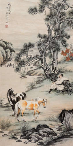1946年 戈湘岚(1904-1964) 秋郊放牧  设色纸本 立轴