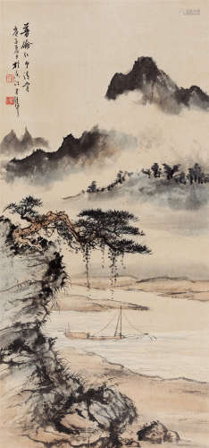 1960年作 黄君璧(1898-1991) 云山渔舟图  设色纸本 立轴