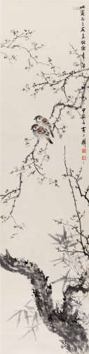 1974年作 黄君璧(1898-1991) 梅花双雀  设色纸本 立轴
