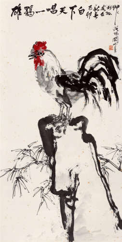 1975年作 关山月(1912-2000) 雄鸡一唱天下白  设色纸本 镜心