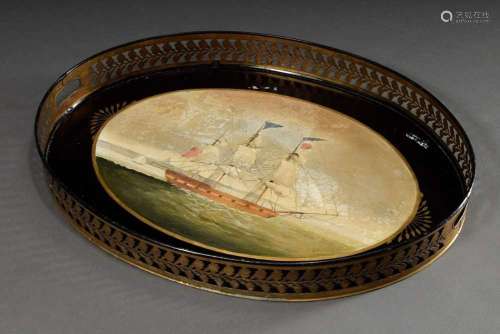 Oval English tin tray with gold d
