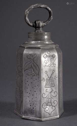 Small pewter jug with floral engr