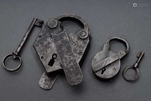 2 iron padlocks, 17th/18th c., h.