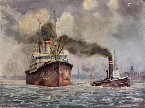 W. Gross Hamburg port scenery with tugboat and steamship, Ha...