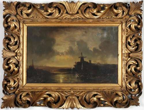 Unknown painter 19th century evening polder landscape with w...