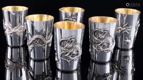 China silver 6 cups / beaker with dragon relief ca. 1920, Si...