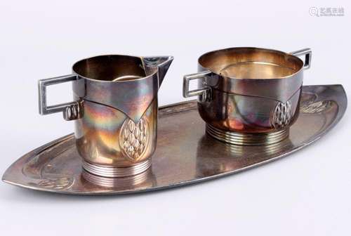 WMF milk pot and sugar bowl on tray, art nouveau around 1900...