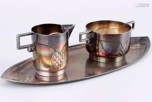 WMF milk pot and sugar bowl on tray, art nouveau around 1900...