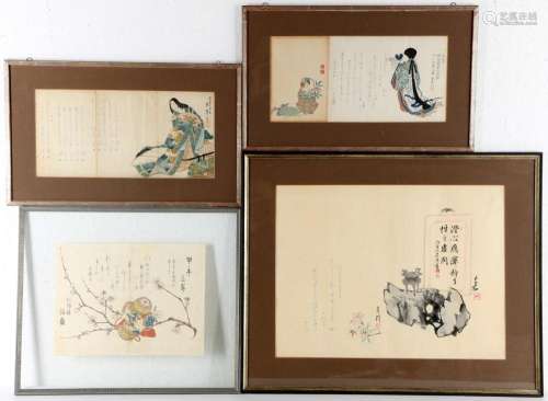 Japan 19th century 4 Shijō - Surimono woodcuts, Farbholzschn...