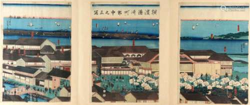 Japan 19th century Surimono woodcut with view of Yokohama, U...