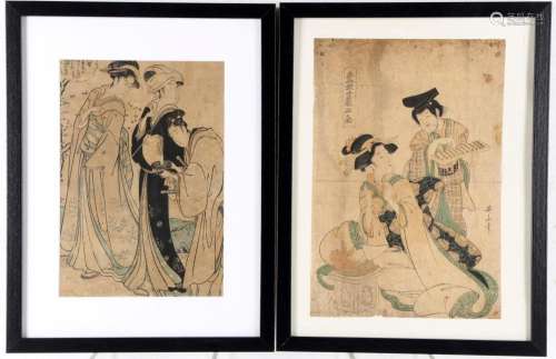 Japan 19th century 2 Surimono woodcuts with courtesan, Farbh...